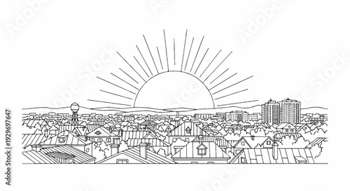 A stylized sunrise beams over a sprawling urban landscape filled with varied rooftops and buildings