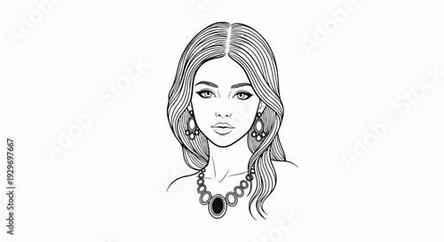 A stylized line drawing of a woman's head and shoulders adorned with jewelry