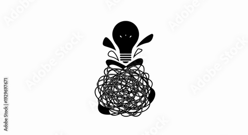 Black lightbulb with a chaotic mess of lines emanating upwards