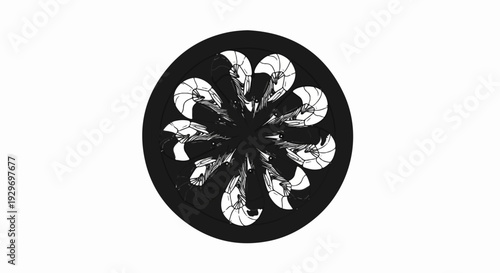 Radial monochrome pattern of stylized white shrimp against a dark circular background