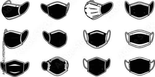 Twelve black and white illustrated face masks in a grid arrangement