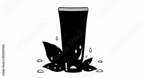 A black glass of drink with condensation and leaves, sketched style