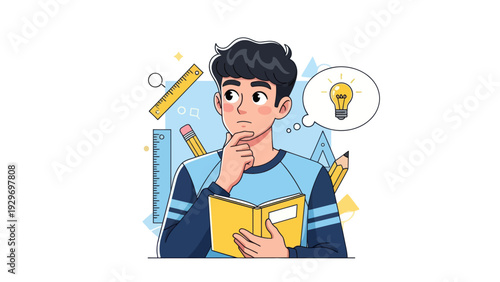 Young man thinking about ideas with school supplies and light bulb
