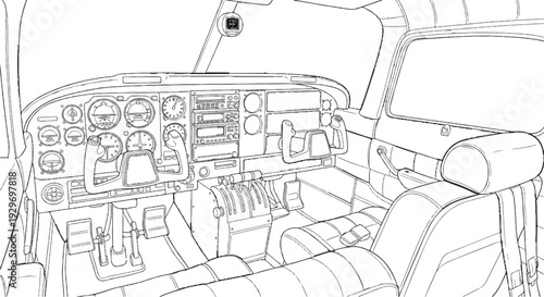 Detailed illustration of an aircraft cockpit, showing flight instruments, controls, and seats