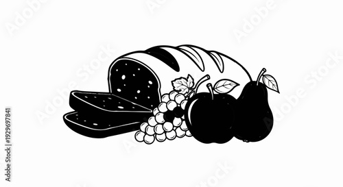 A black and white illustration of a loaf of bread with two slices, grapes, an apple, and two pears