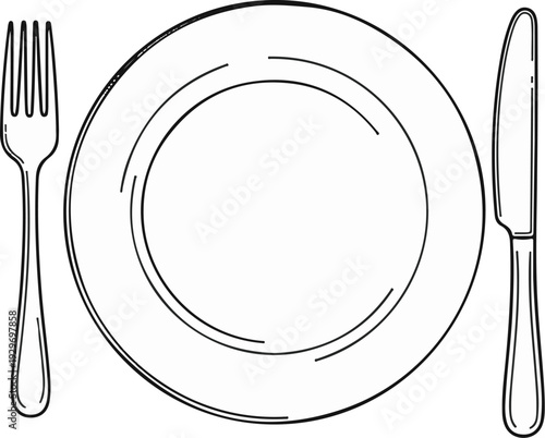 A simple, clean line drawing of a plate with a fork and knife on either side