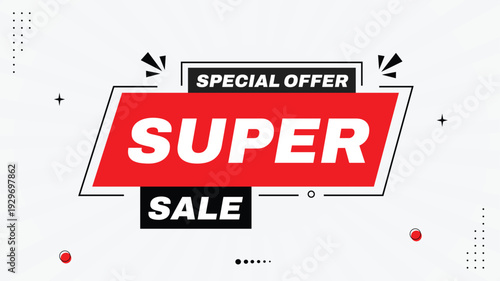 Super Sale Special Offer Banner Template with Modern Geometric Shapes, Black, Red, White Gradient Background, Big Discount Promotion Design Vector