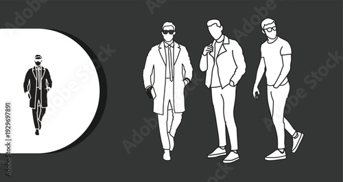 Stylish men in modern outfits walking with confidence and poise