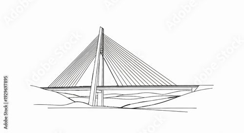 Line drawing of a modern cable-stayed bridge against a white background