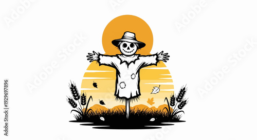 A spooky scarecrow stands in a field of wheat against a sunset backdrop with falling leaves