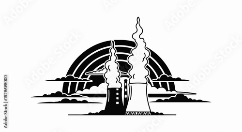 Industrial cooling towers with steam plumes beneath a stylized rainbow and clouds