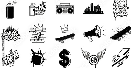 Collection of urban graffiti art, including spray cans, skateboards, and boombox