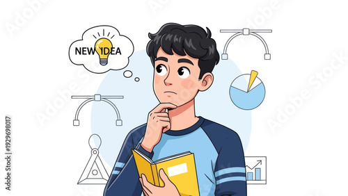 Young man thinking about new idea with thought bubble and creative symbols