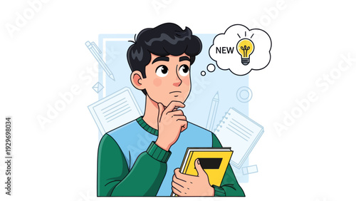 Young man thinking about new ideas and creative solutions vector illustration