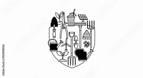 A shield-shaped emblem showcases various gardening and sustainable living tools and elements