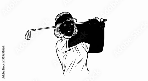 Stylized illustration of a woman in a visor and polo shirt swinging a golf club