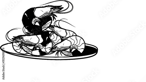 Black and white illustration of a plate piled high with several stylized prawns