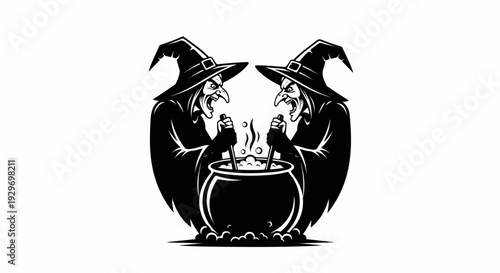 Two wicked witches with pointed hats stir a bubbling cauldron in this monochrome design