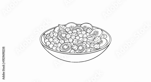 Detailed illustration of a vibrant bowl filled with fresh vegetables and scattered cubes
