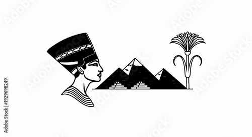 Stylized Egyptian queen bust with pyramids and lotus flower