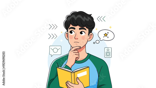 Young man thinking holding book conceptual illustration isolated
