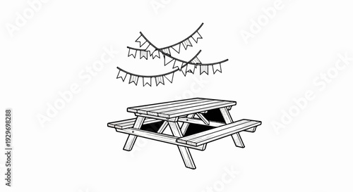 A simple line drawing depicts a wooden picnic table with bunting flags above