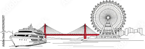 A cruise ship sails past a cable-stayed bridge and Ferris wheel