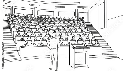 A lecture hall with a speaker at a podium and an audience seated in tiered rows