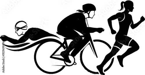 Silhouette graphic of athletes in motion, swimming, cycling, and running