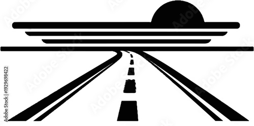 Abstract depiction of a vanishing point highway with layered horizontal elements and a semicircular shape