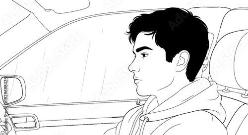 Young man in profile, wearing hoodie, looking out car window