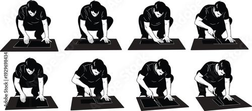 Man leather craftsman cutting material with knife on workbench professional workshop equipment manual diy handmade process vector illustration set pack