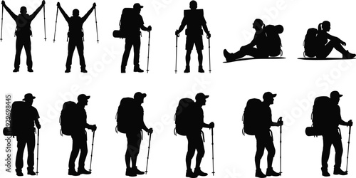 Set of hiker silhouettes with backpacks and trekking poles standing, sitting, and celebrating success for outdoor adventure and mountain travel.