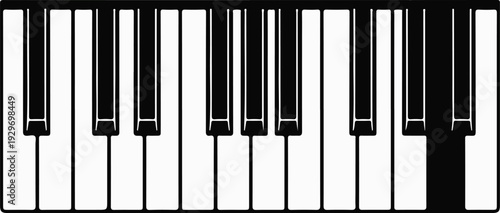 A monochrome illustration of a section of piano keys, showing white and black keys