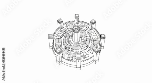 A circular medieval town with a central tower and outer fortifications