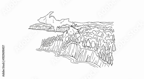Line drawing of a steep cliff overlooking a body of water, with a dense forest