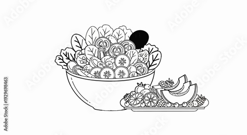 A fresh salad in a bowl next to a plate of assorted fruits and melon slices