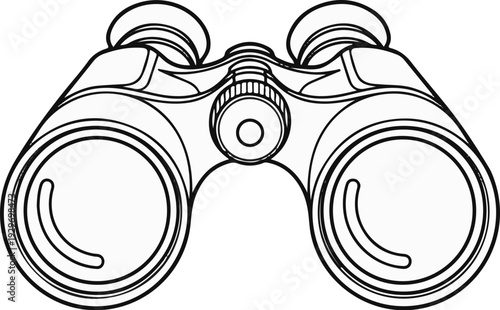Black and white line art illustration of binoculars, focus wheel, and eyecups visible