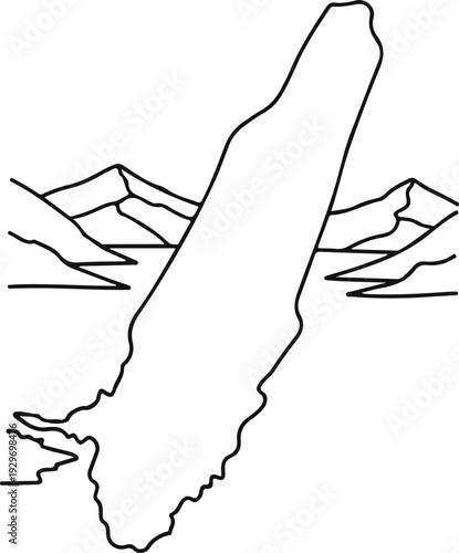 A simplified, outline drawing shows a vast, irregular landmass beside mountains and water