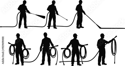 Silhouette of professional workers using high pressure water jet power washer for industrial cleaning and surface preparation on white background.