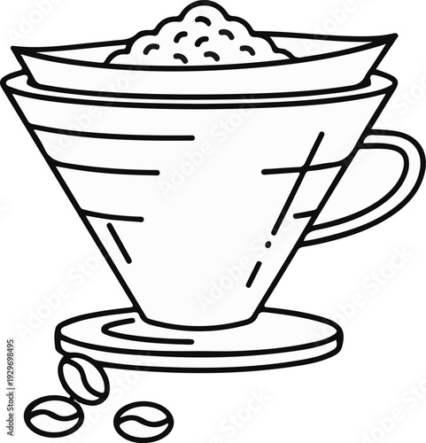 Pour-over coffee maker with filter paper, grounds, and beans