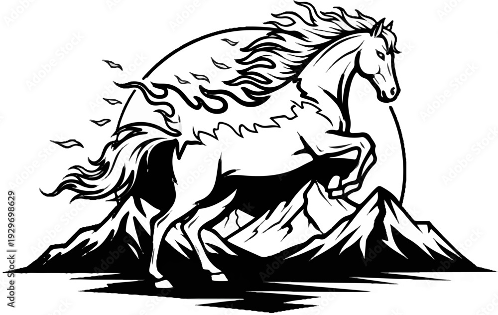 Obraz premium Majestic stallion with fiery mane leaps over mountain peaks under a circular sun