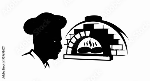 Silhouette of a chef in profile looking at a brick oven with bread inside