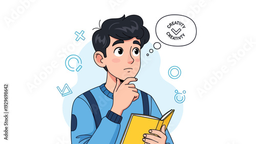 Young man thinking with a creative idea in his mind conceptual illustration