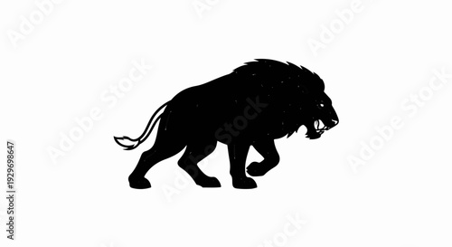 A black silhouette of a roaring lion walks forward with its mane disheveled