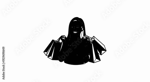 A black and white graphic illustration of a smiling woman carrying shopping bags over her shoulders