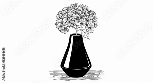 A black vase holds a detailed line drawing of a hydrangea bloom, resting on a wood grain surface