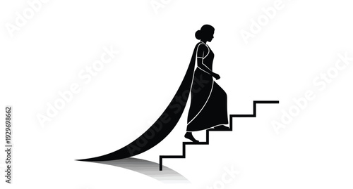 Woman in traditional sari ascending stairs a striking black silhouette
