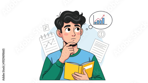 Young man thinking with a growing chart icon inside a thought bubble