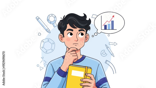 Young man thinking with a growing chart business and finance concept